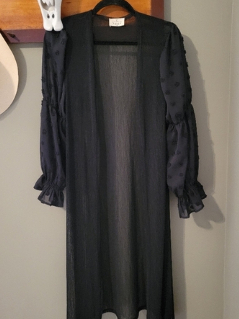 Ember Sheer Black Long Duster with Textured Puff Sleeves, Sz M
